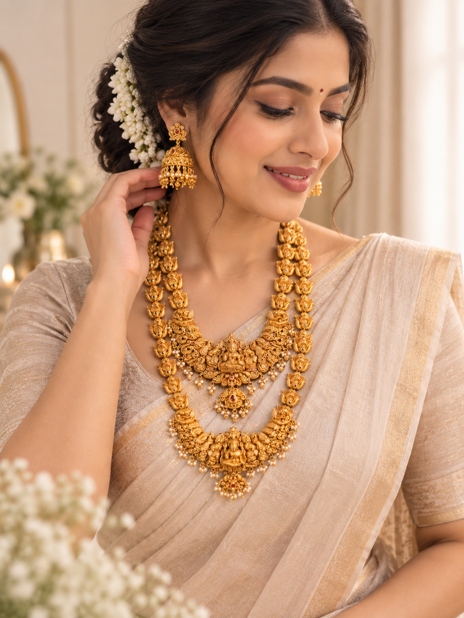 Divine Lakshmi Bridal Kemp Necklace Set – Traditional South Indian Temple Jewellery