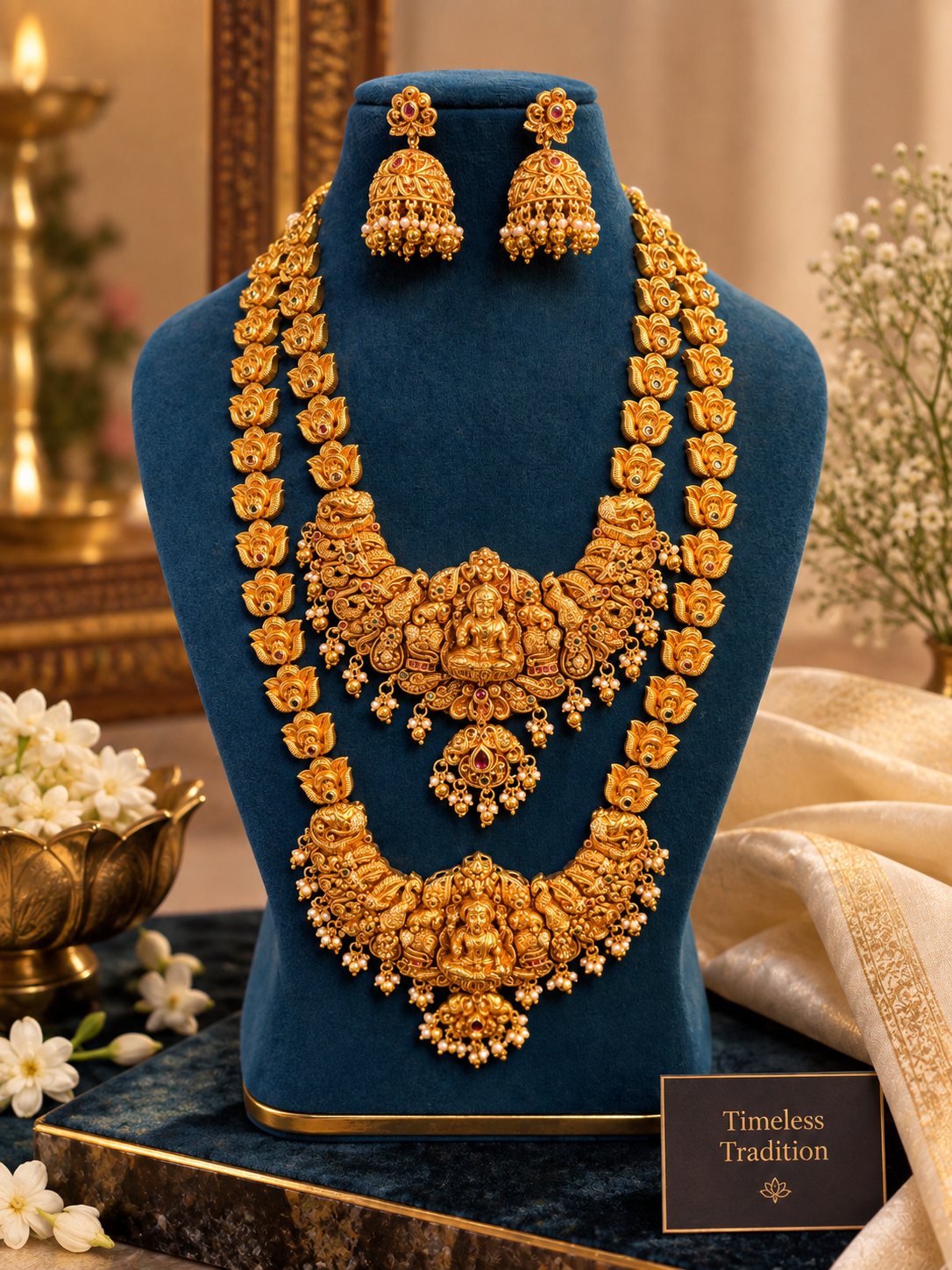 Divine Lakshmi Bridal Kemp Necklace Set – Traditional South Indian Temple Jewellery