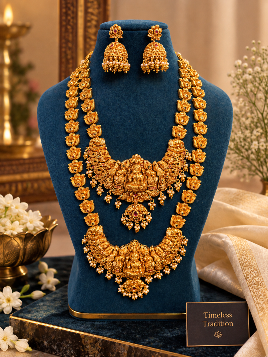 Divine Lakshmi Bridal Kemp Necklace Set – Traditional South Indian Temple Jewellery
