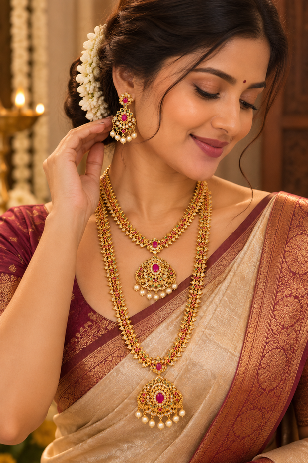 Elegant Ruby Stone Long Necklace Set