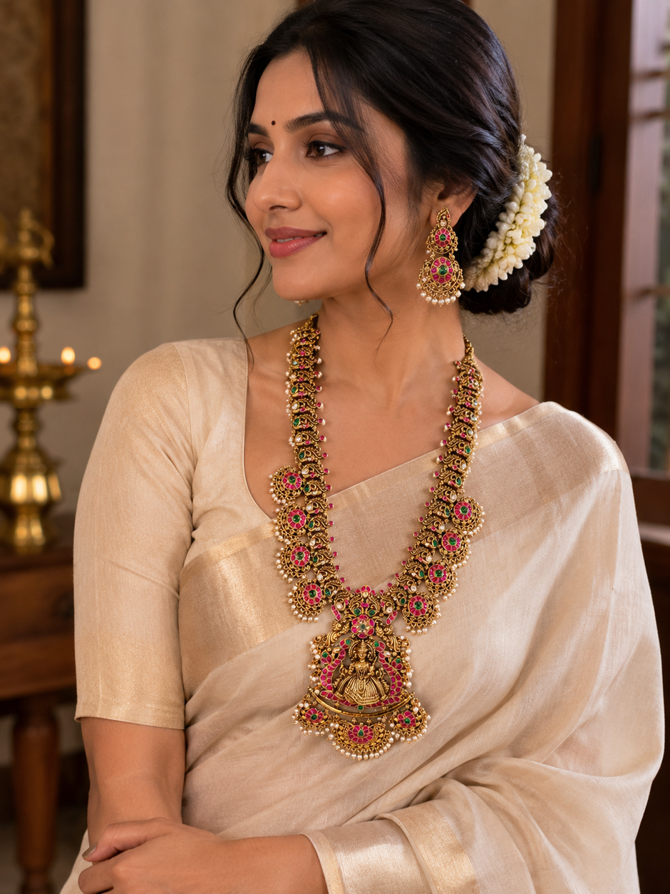 Antique Jadavu Kundan Lakshmi Long Haram Set