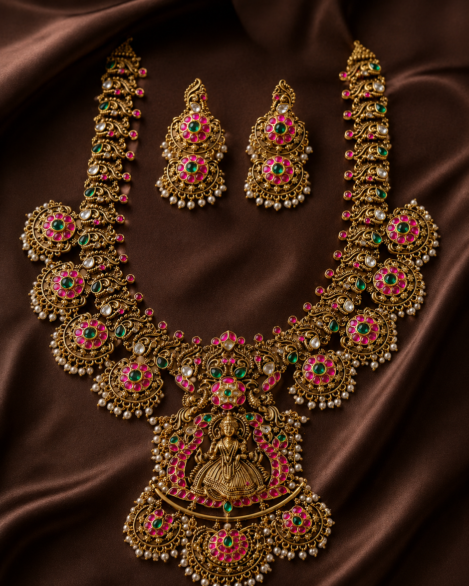 Antique Jadavu Kundan Lakshmi Long Haram Set