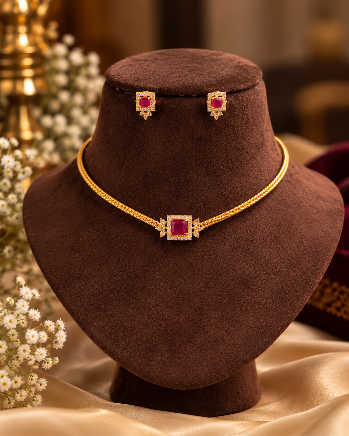 Ruby Square Stone Minimal Choker Set