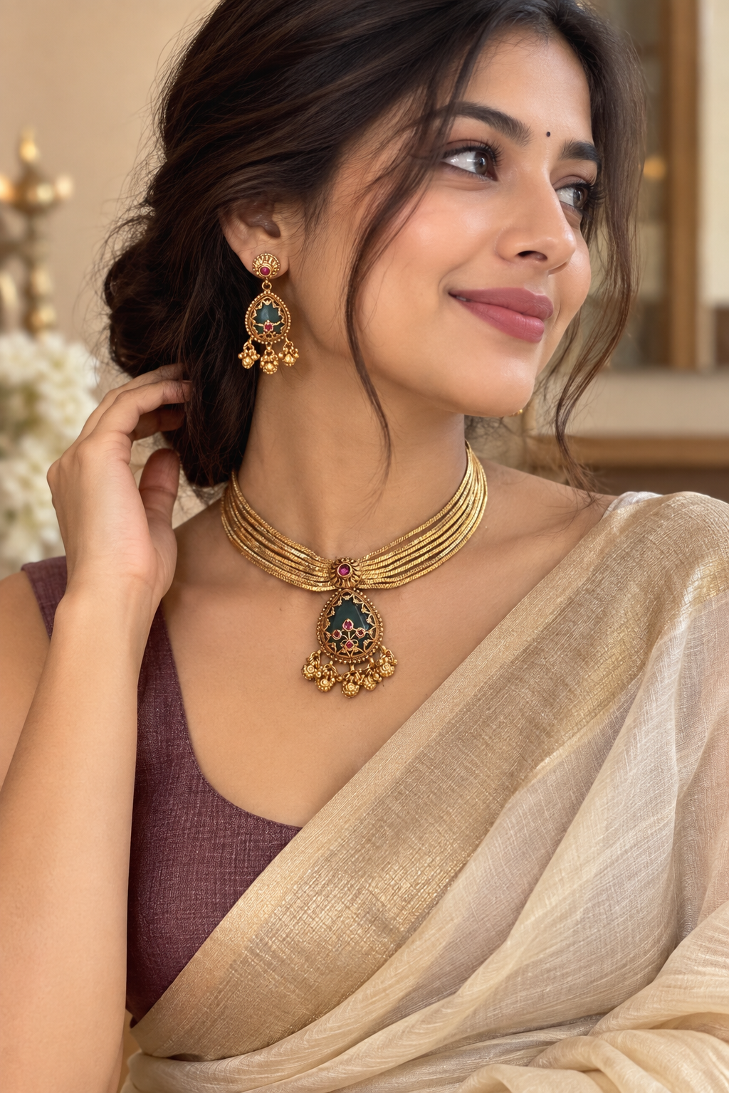 Antique Gold Multi-Layer Ruby & Green Stone Necklace Set with Matching Earrings