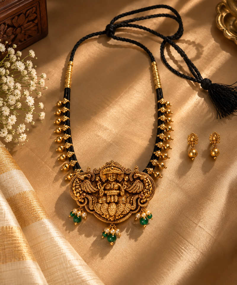 Antique Gold Lakshmi Black Thread Neckset with Matching Earrings