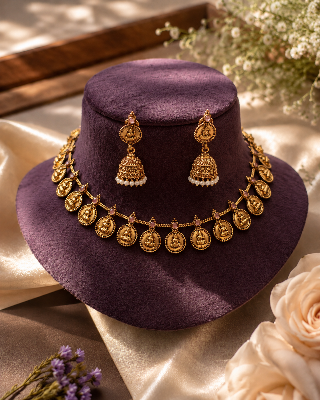 Antique Gold Lakshmi Coin Necklace Set with Matching Jhumka Earrings