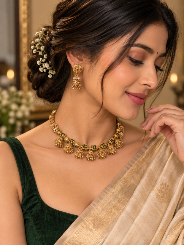 Emerald Beaded Jhumka Necklace Set
