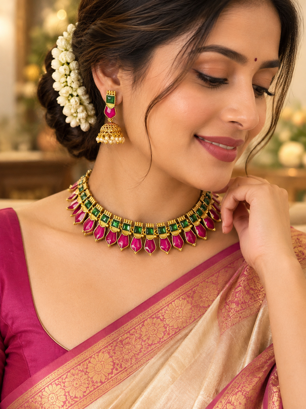Emerald & Ruby Kundan Leaf Choker Set