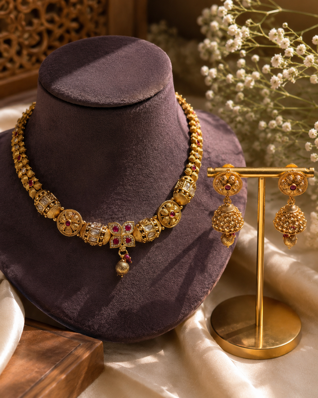Antique Gold Kundan Neckset with Matching Jhumka Earrings