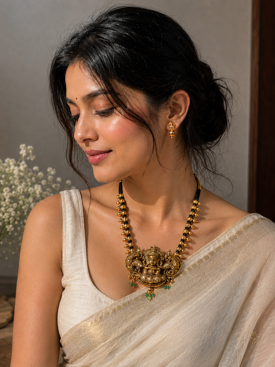 Antique Gold Lakshmi Black Thread Neckset with Matching Earrings