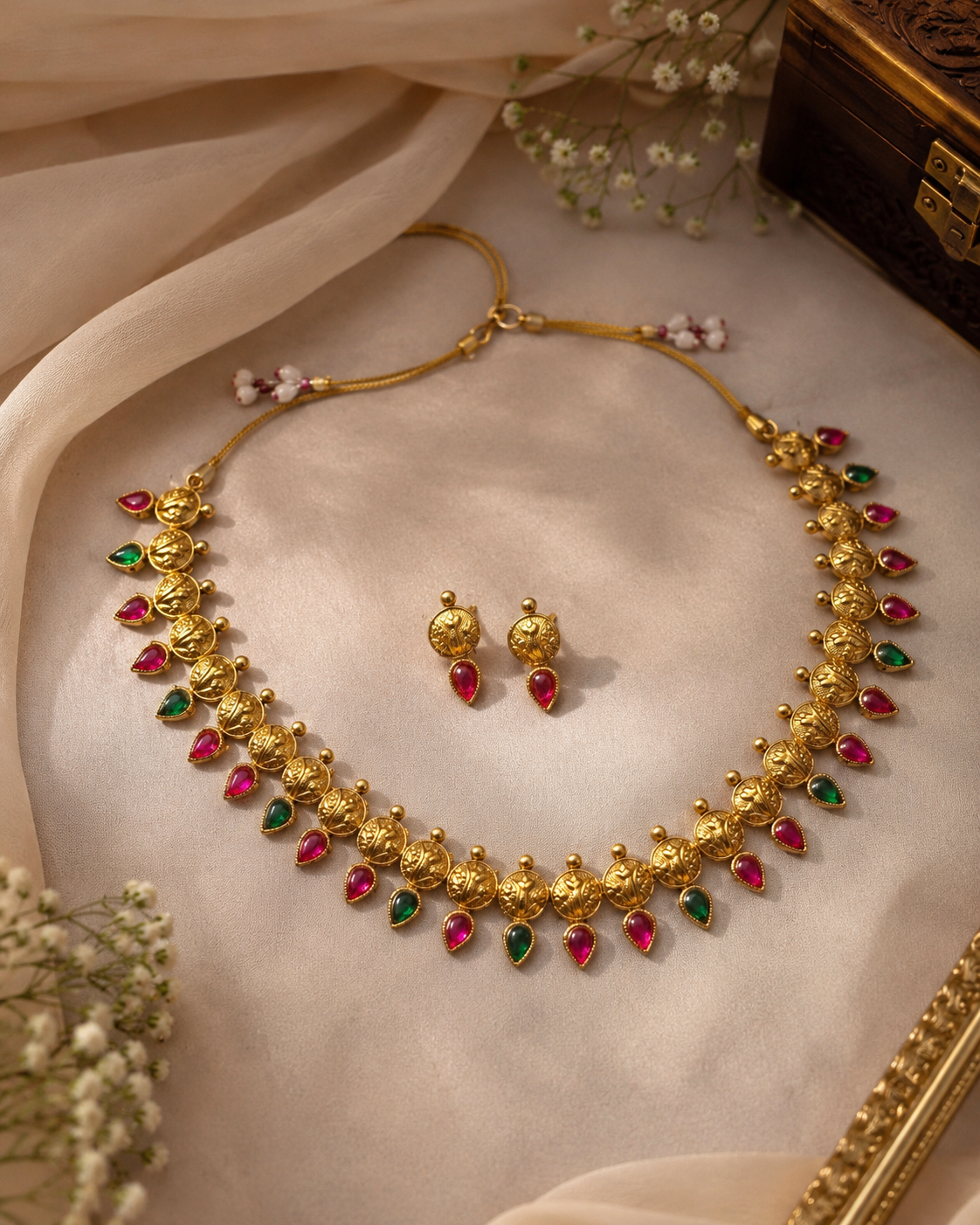 Antique Coin & Ruby Emerald Drops Necklace Set