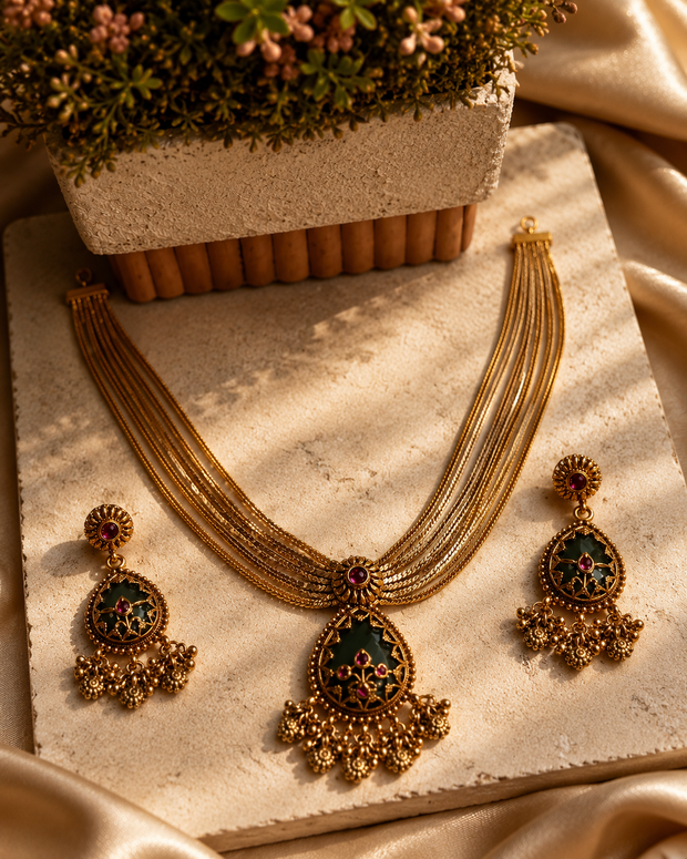 Antique Gold Multi-Layer Ruby & Green Stone Necklace Set with Matching Earrings
