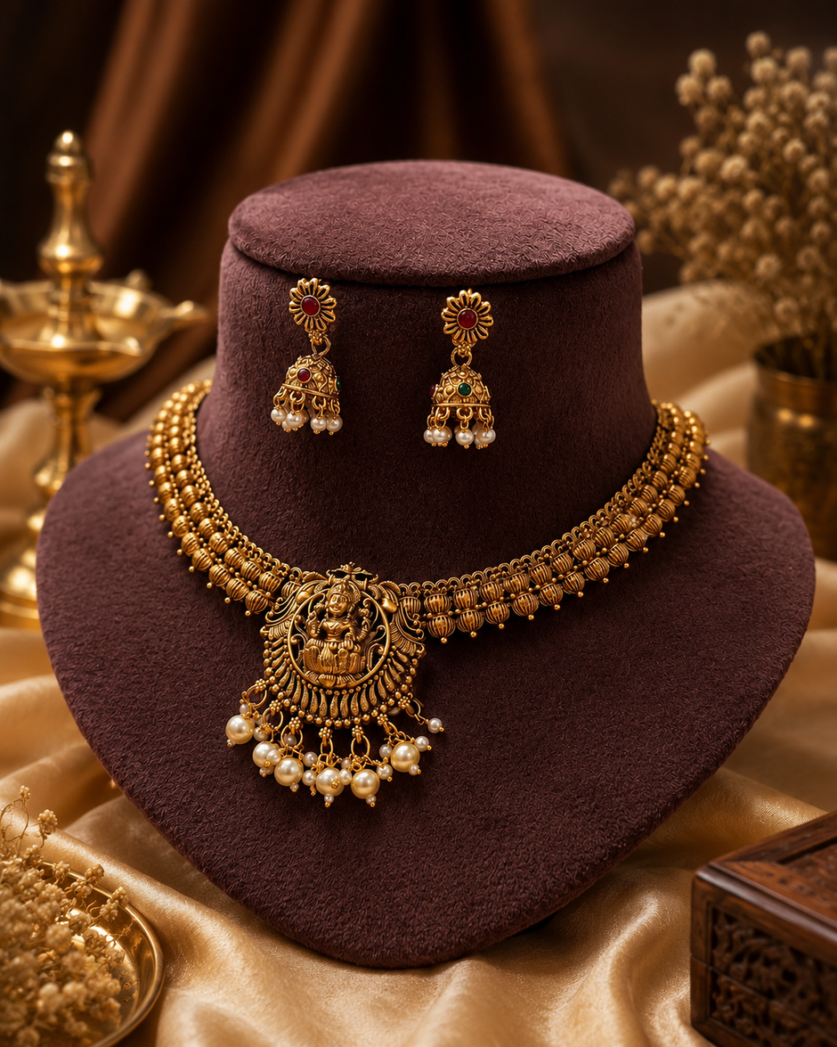 Antique Gold Lakshmi Necklace Set with Pearl Drops
