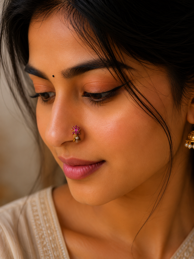 Ruby Floral Pearl Nose Ring