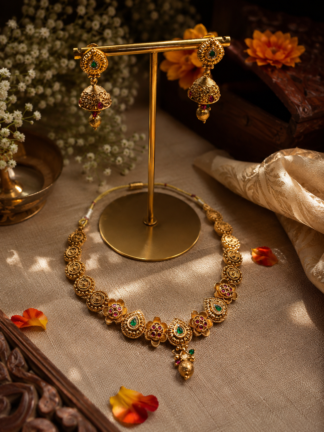 Antique Gold Kundan Necklace Set with Matching Jhumka Earrings