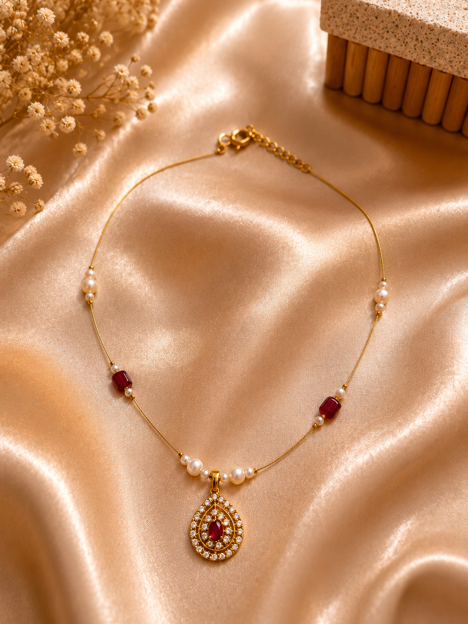 Ruby Pearl Drop Pendent Invisible Chain