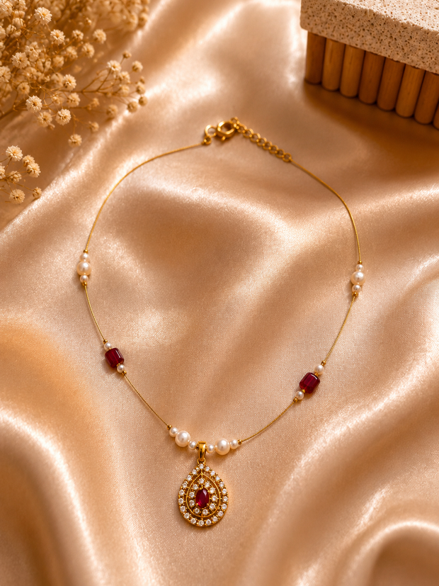 Ruby Pearl Drop Pendent Invisible Chain