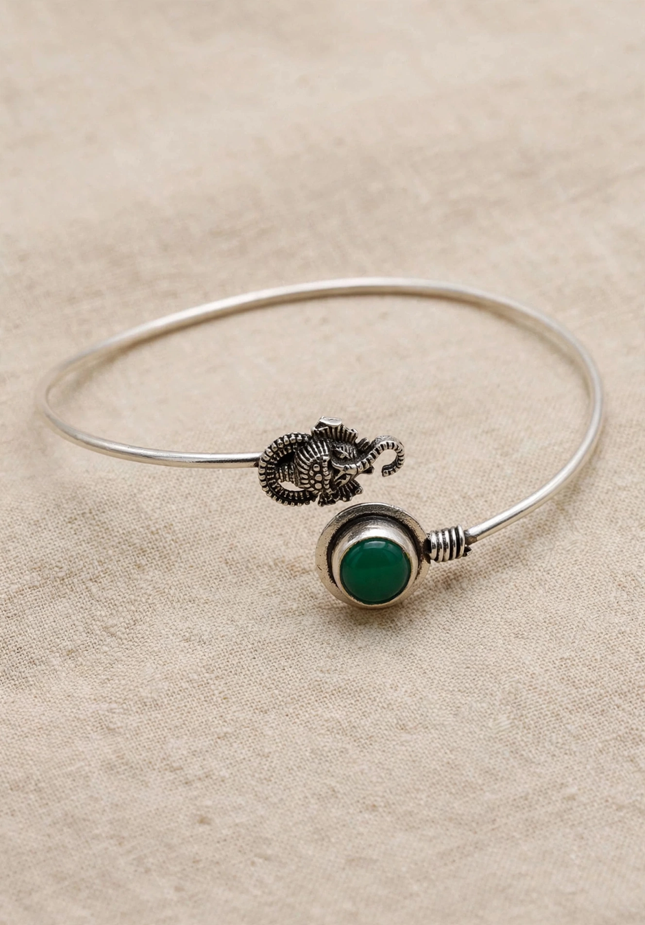Adjustable German Silver Green Stone Ganesha Bracelet