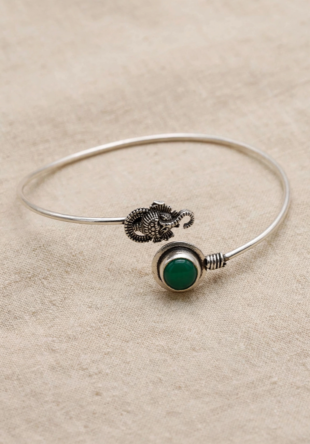 Adjustable German Silver Green Stone Ganesha Bracelet