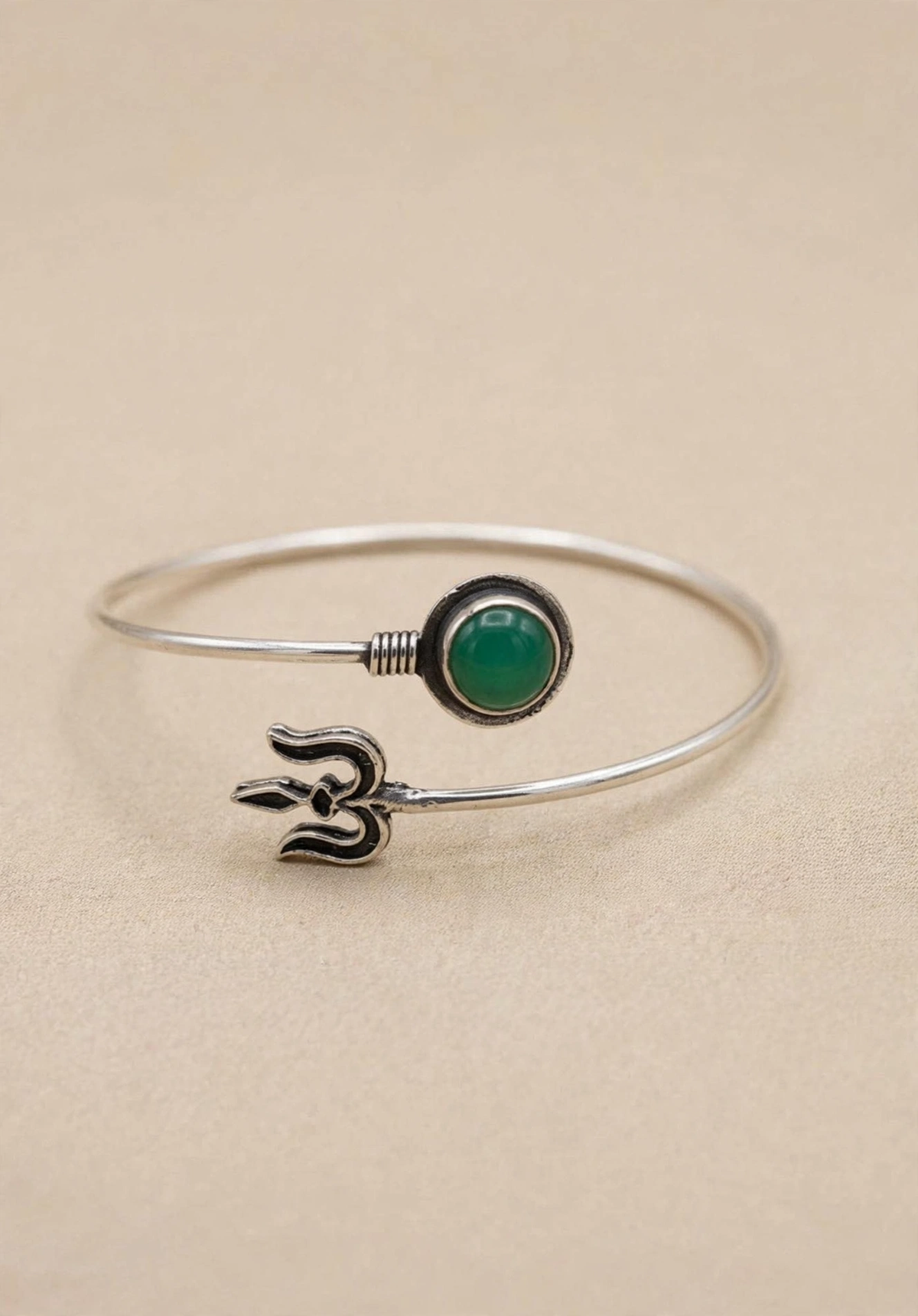 Adjustable German Silver Green Stone Trishul Bracelet