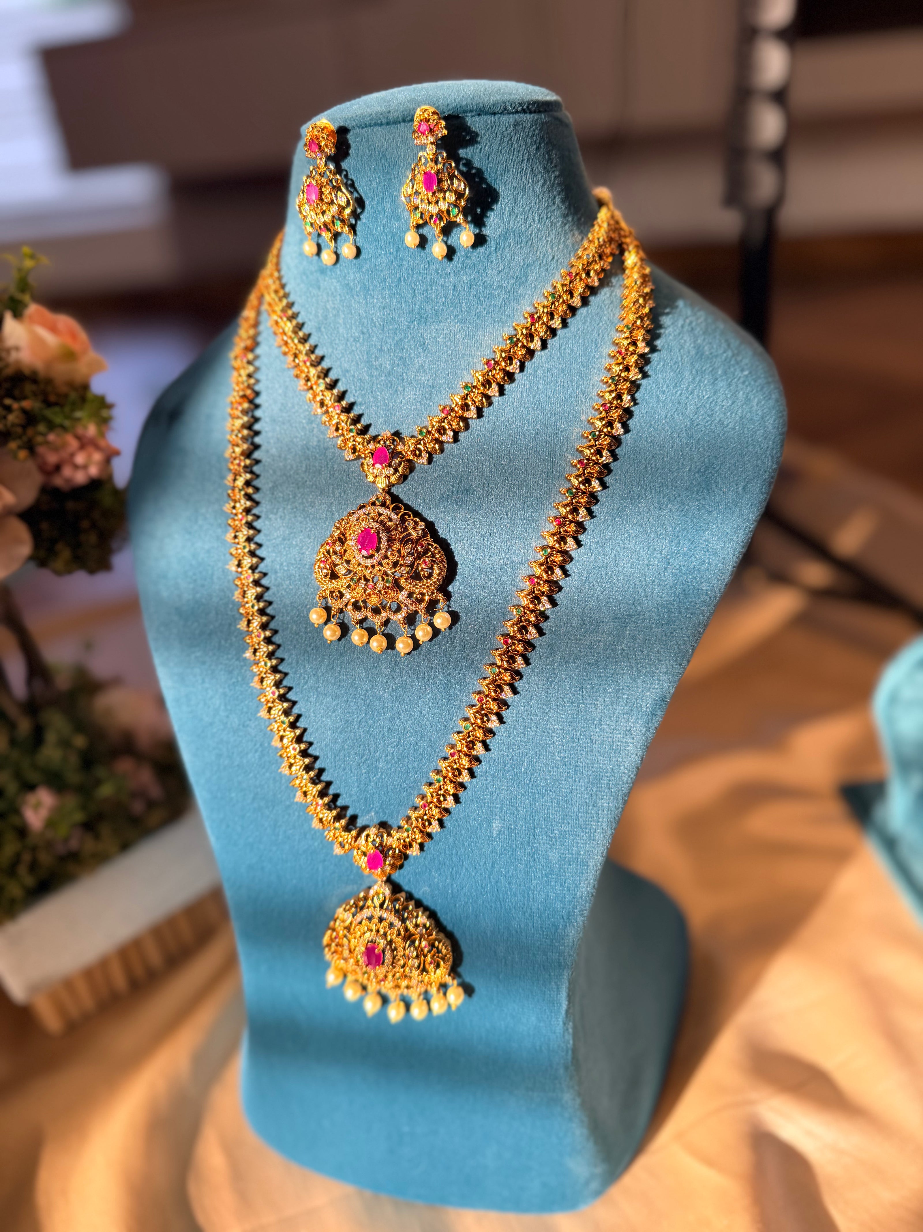 Elegant Ruby Stone Long Necklace Set