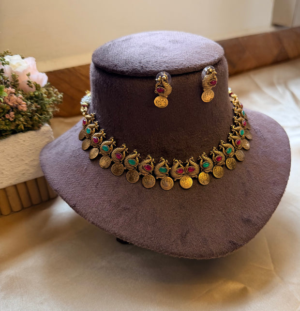 Antique Peacock Coin Choker Necklace Set