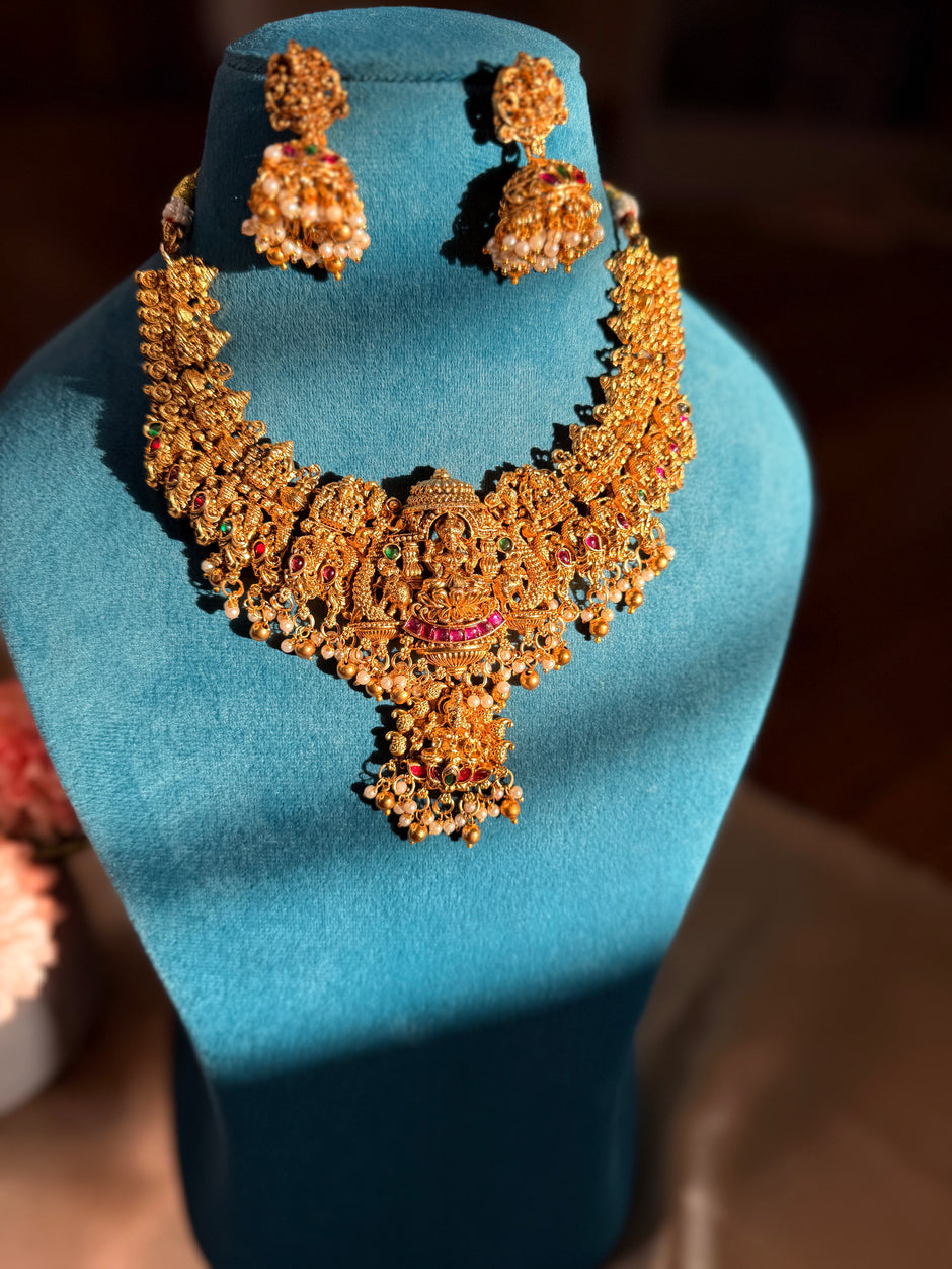 Divine Lakshmi Temple Necklace & Jhumka Set