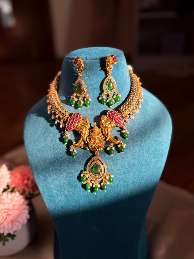 Lakshmi Elephant Ruby & Emerald Necklace Set
