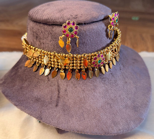 Antique Ruby Green Floral Coin Choker Set