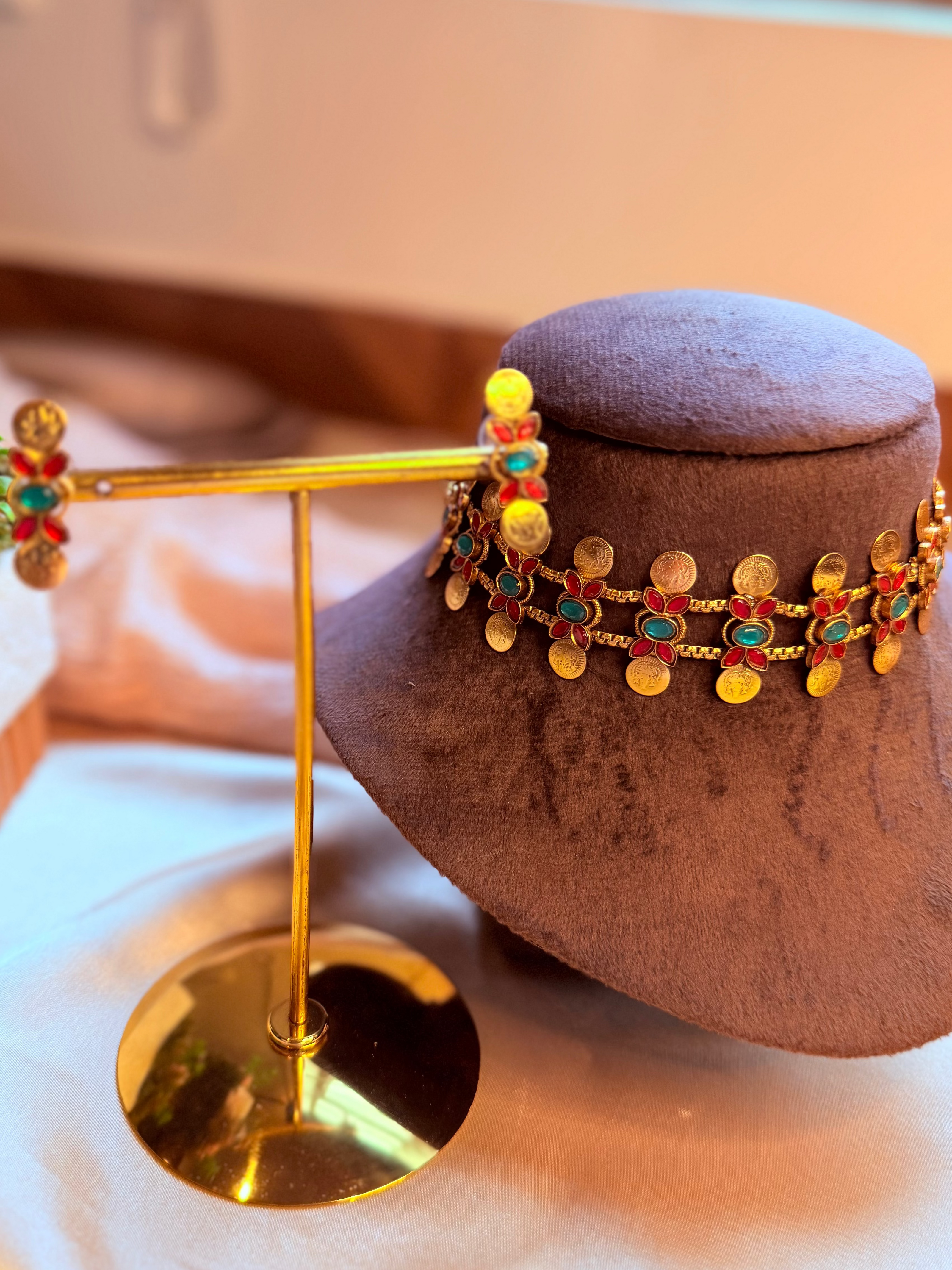 Traditional Floral Coin Choker Set with Matching Earrings