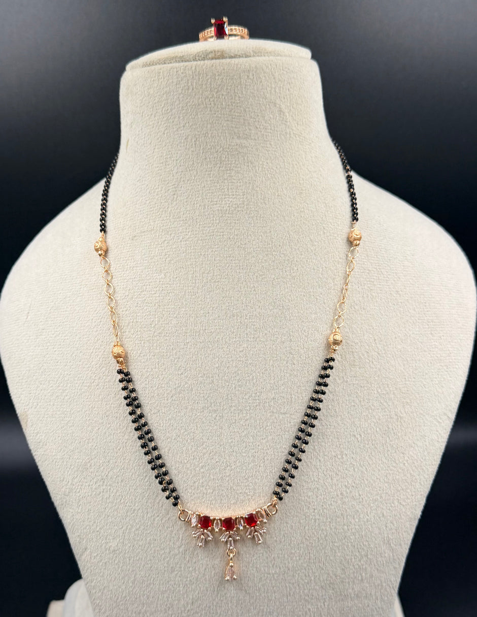 Elegant Red Stone Mangalsutra Chain & Ring Set