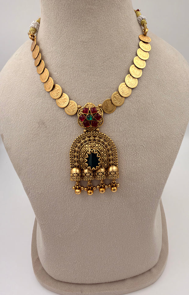 Antique Gold Coin Necklace with Temple Pendant