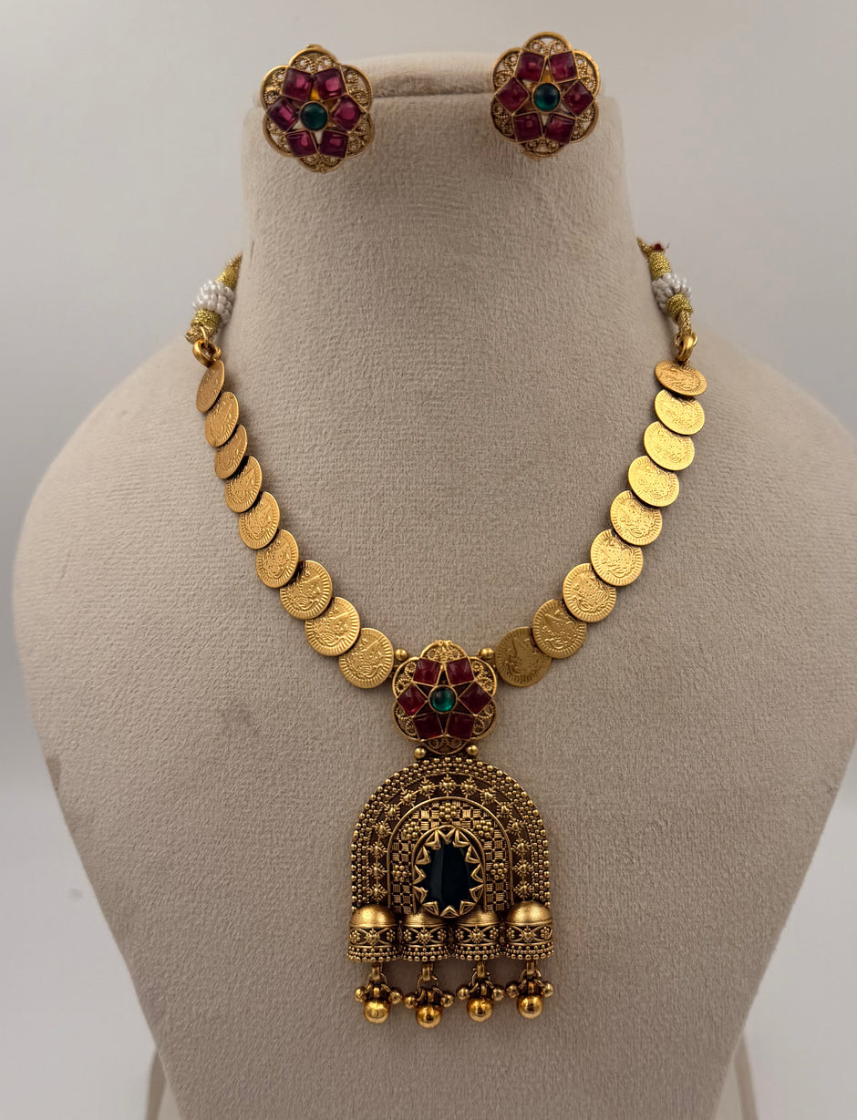 Antique Gold Coin Necklace with Temple Pendant