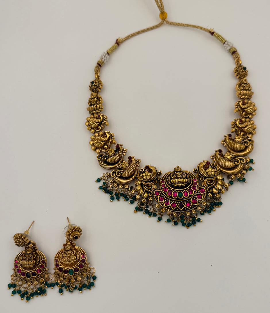 Antique Gold Lakshmi Peacock Temple Necklace Set