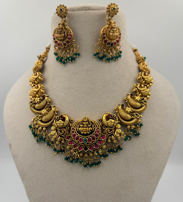 Antique Gold Lakshmi Peacock Temple Necklace Set