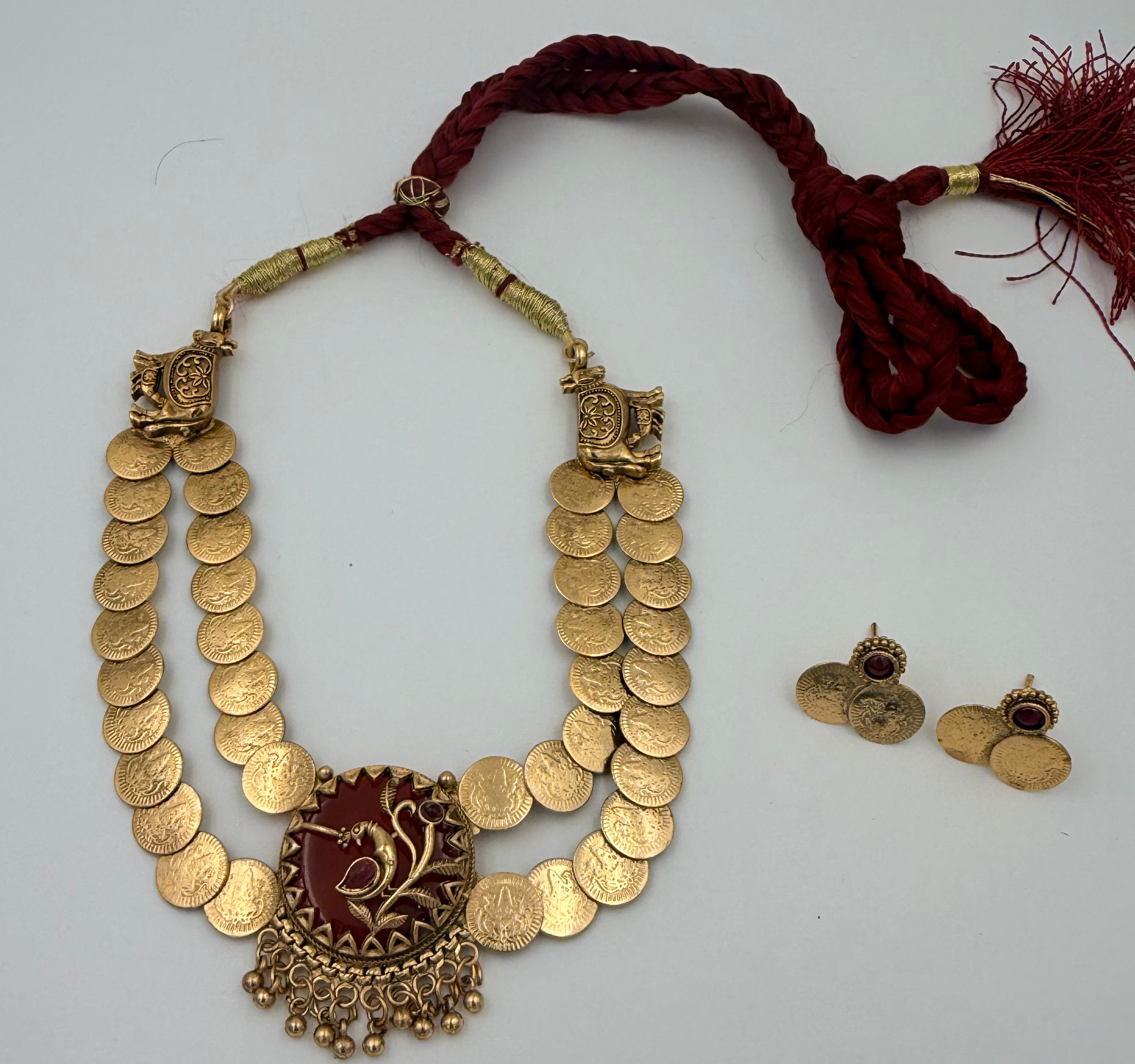 Antique Gold Coin Necklace with Red Pendant