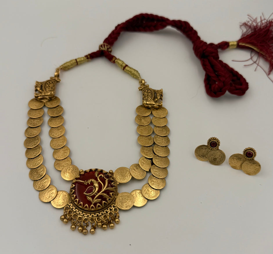 Antique Gold Coin Necklace with Red Pendant