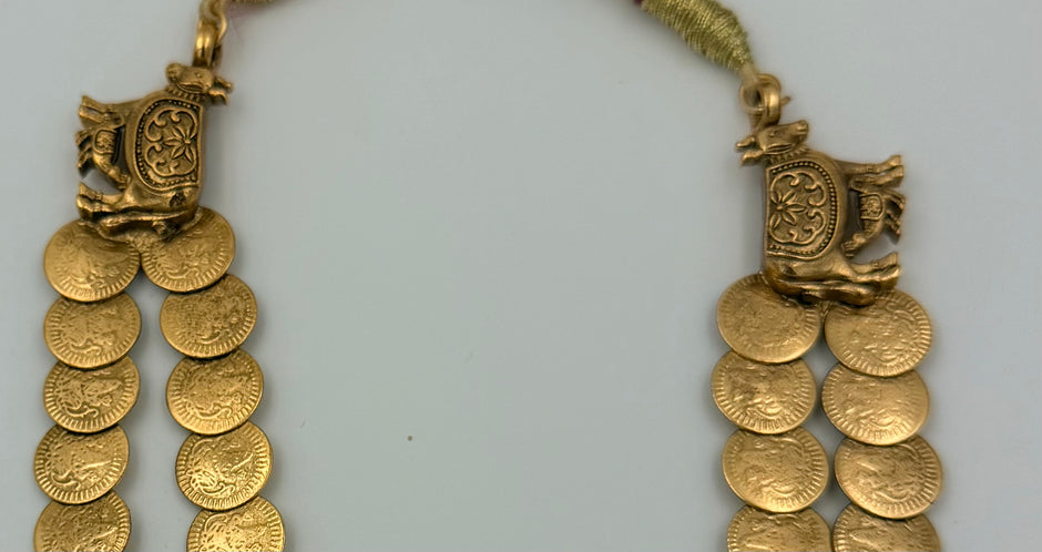 Antique Gold Coin Necklace with Red Pendant