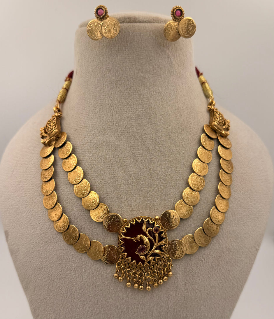 Antique Gold Coin Necklace with Red Pendant