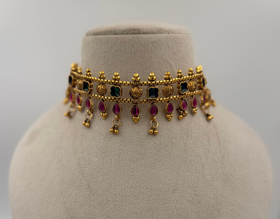 Antique Gold Choker with Ruby and Emerald Stones