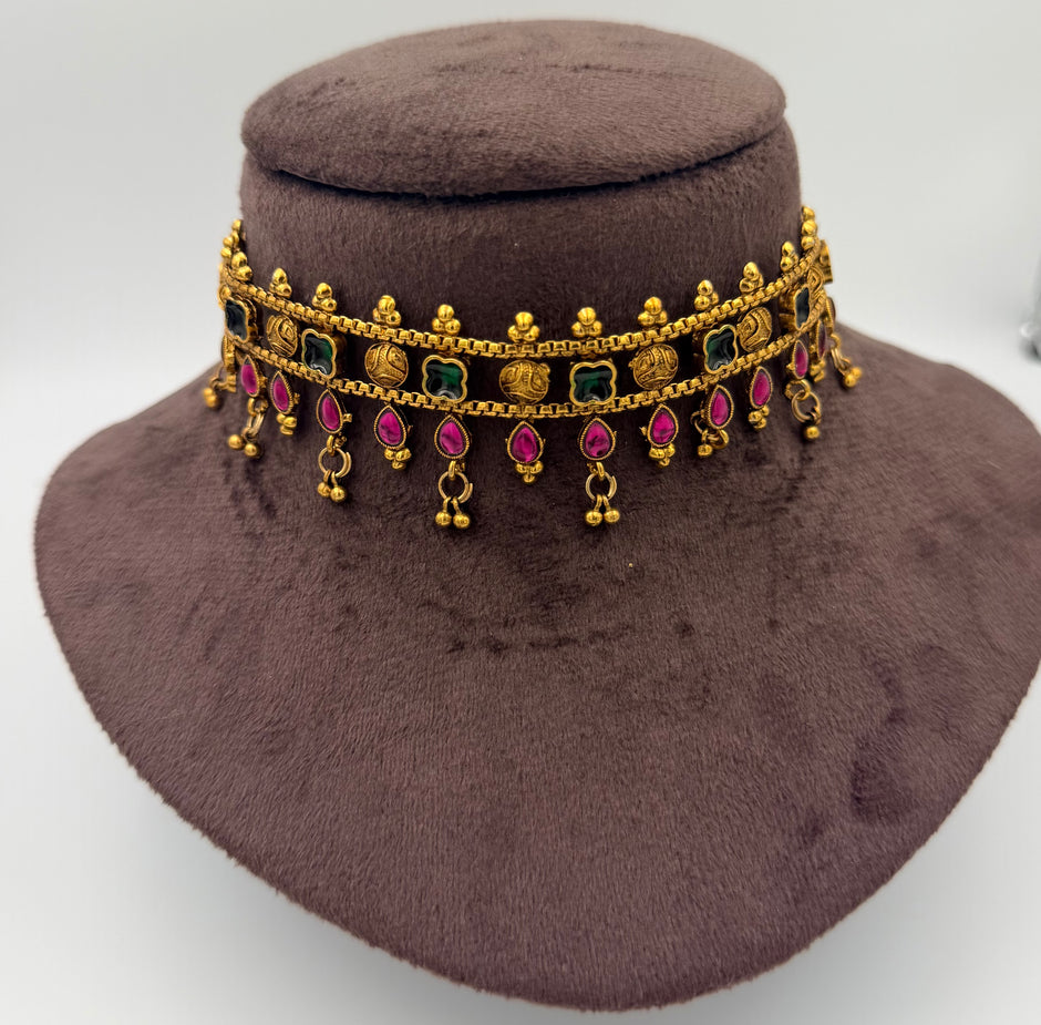 Antique Gold Choker with Ruby and Emerald Stones