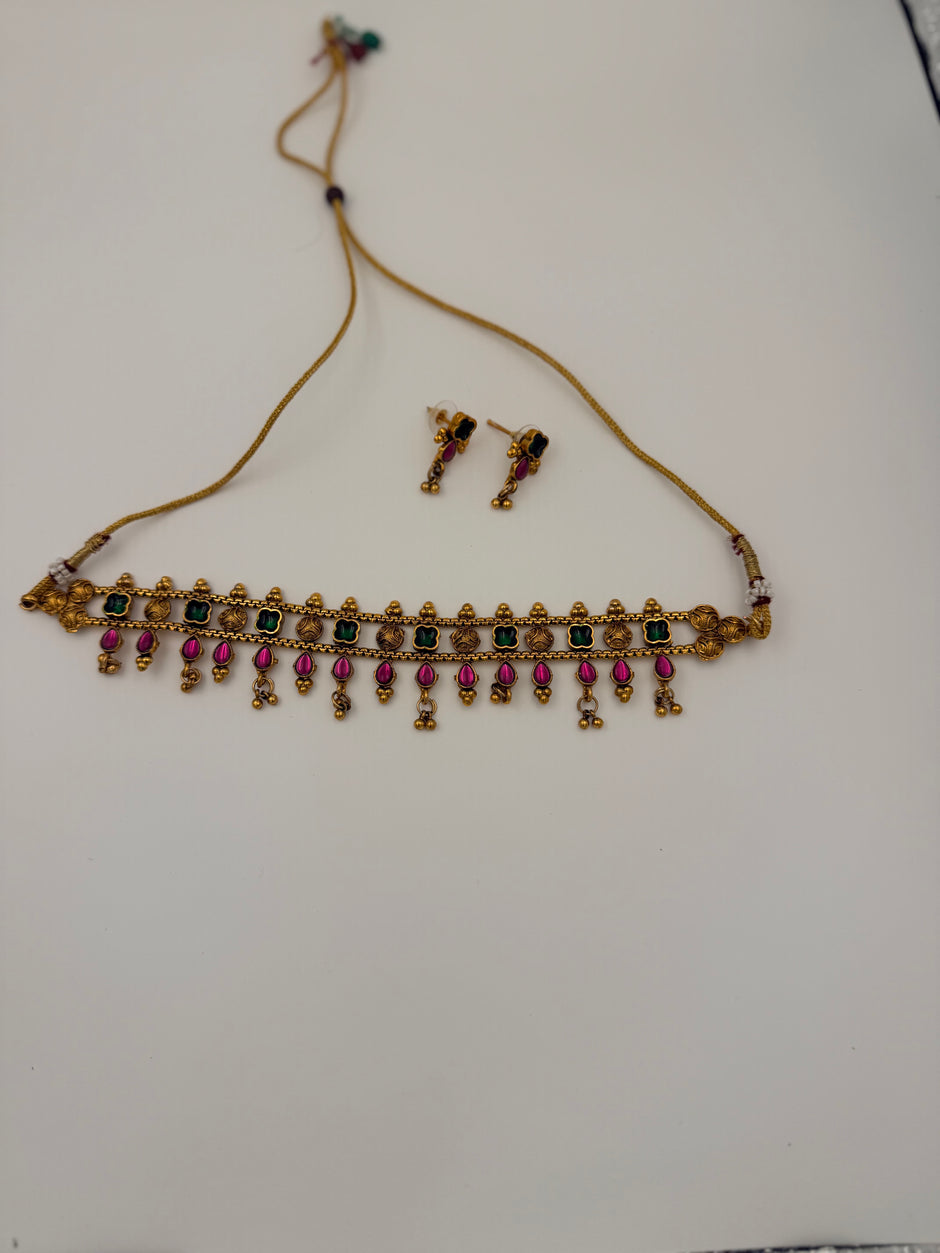 Antique Gold Choker with Ruby and Emerald Stones