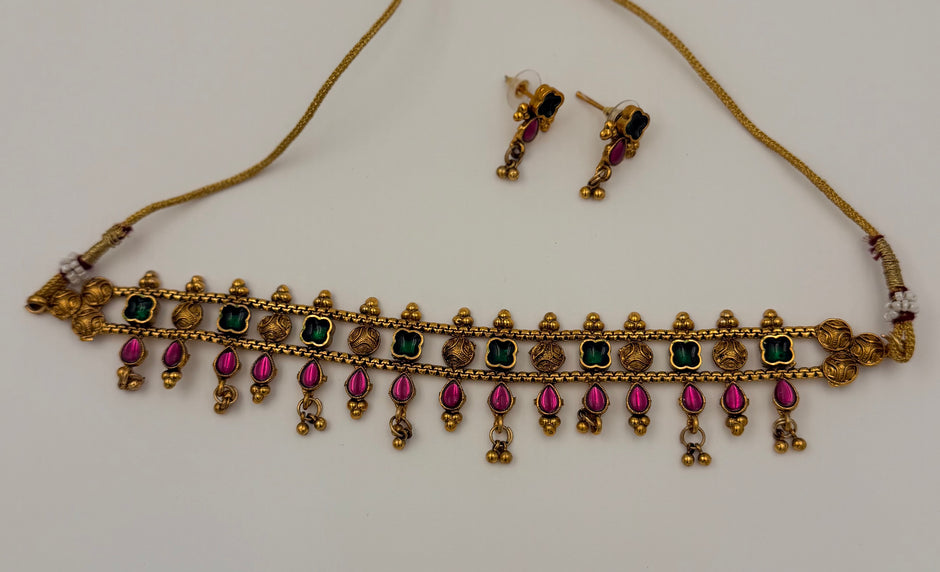 Antique Gold Choker with Ruby and Emerald Stones