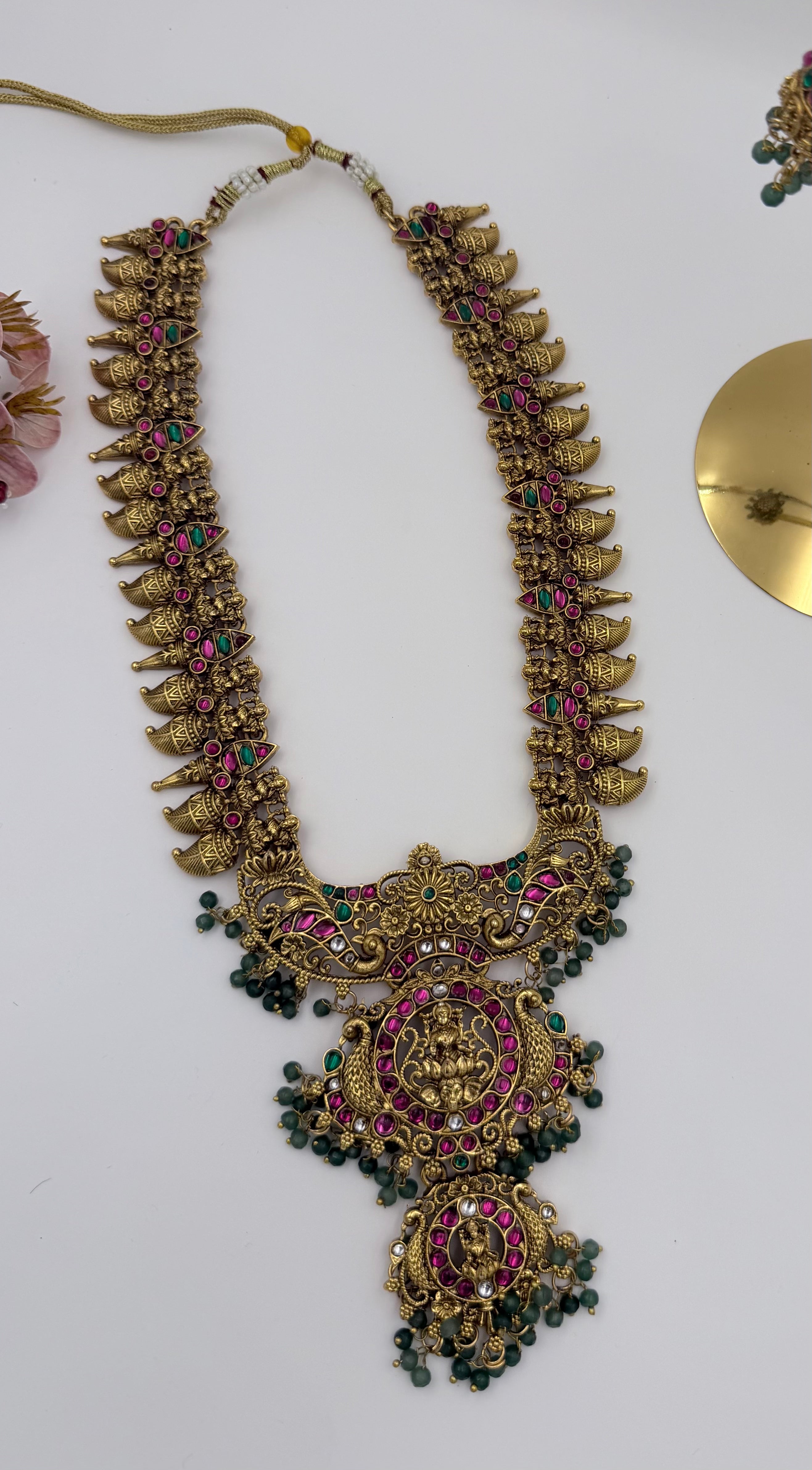 Antique Gold Lakshmi Temple Haram Set with Green Bead Drops