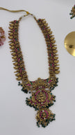 Antique Gold Lakshmi Temple Haram Set with Green Bead Drops