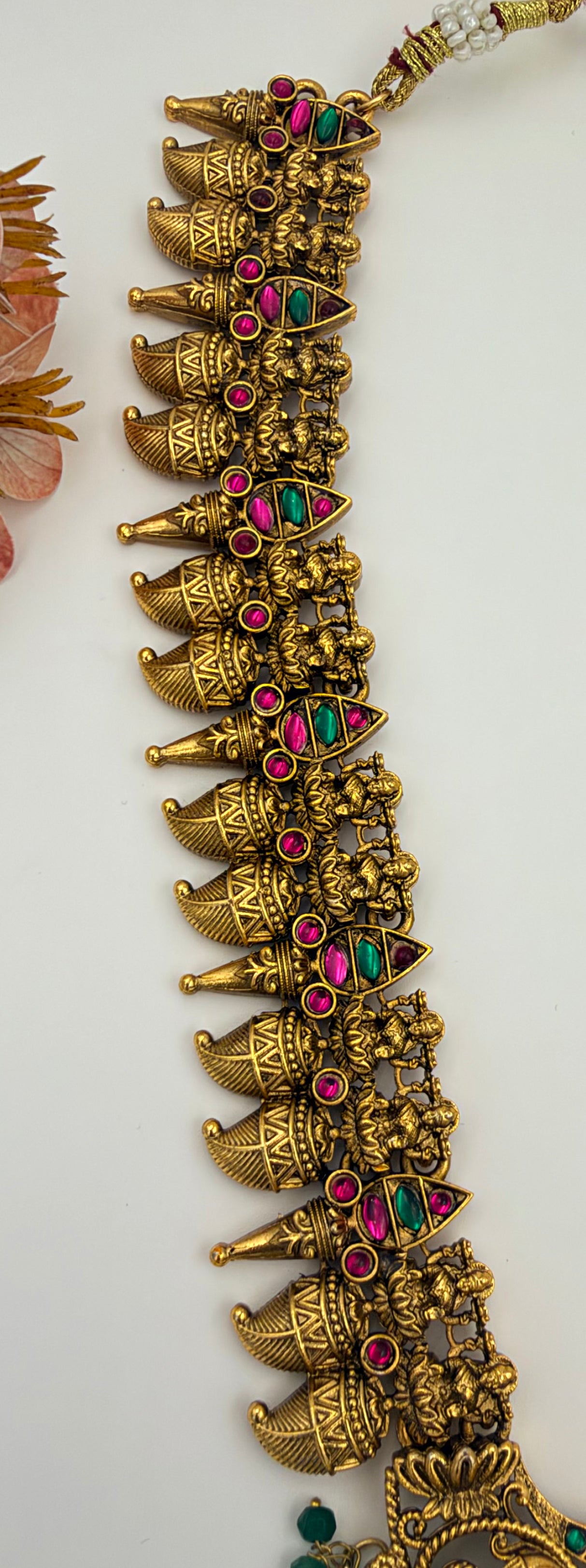 Antique Gold Lakshmi Temple Haram Set with Green Bead Drops