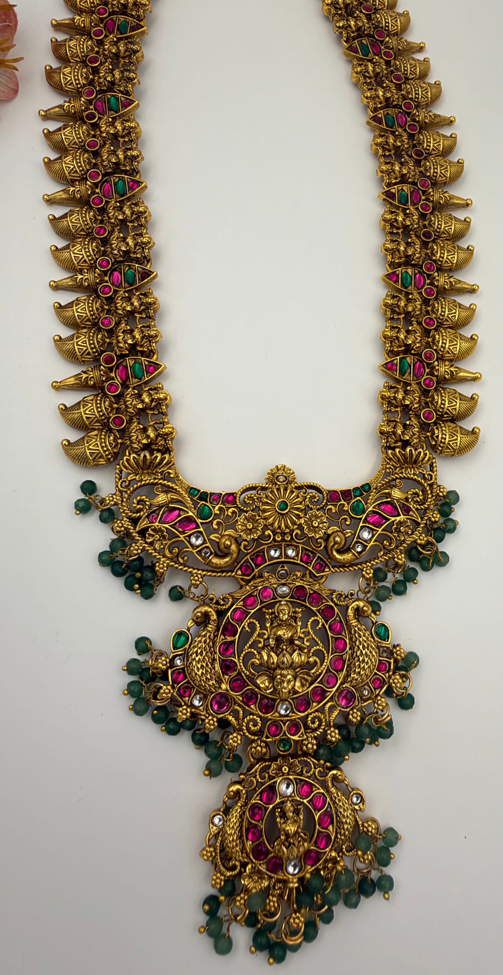 Antique Gold Lakshmi Temple Haram Set with Green Bead Drops