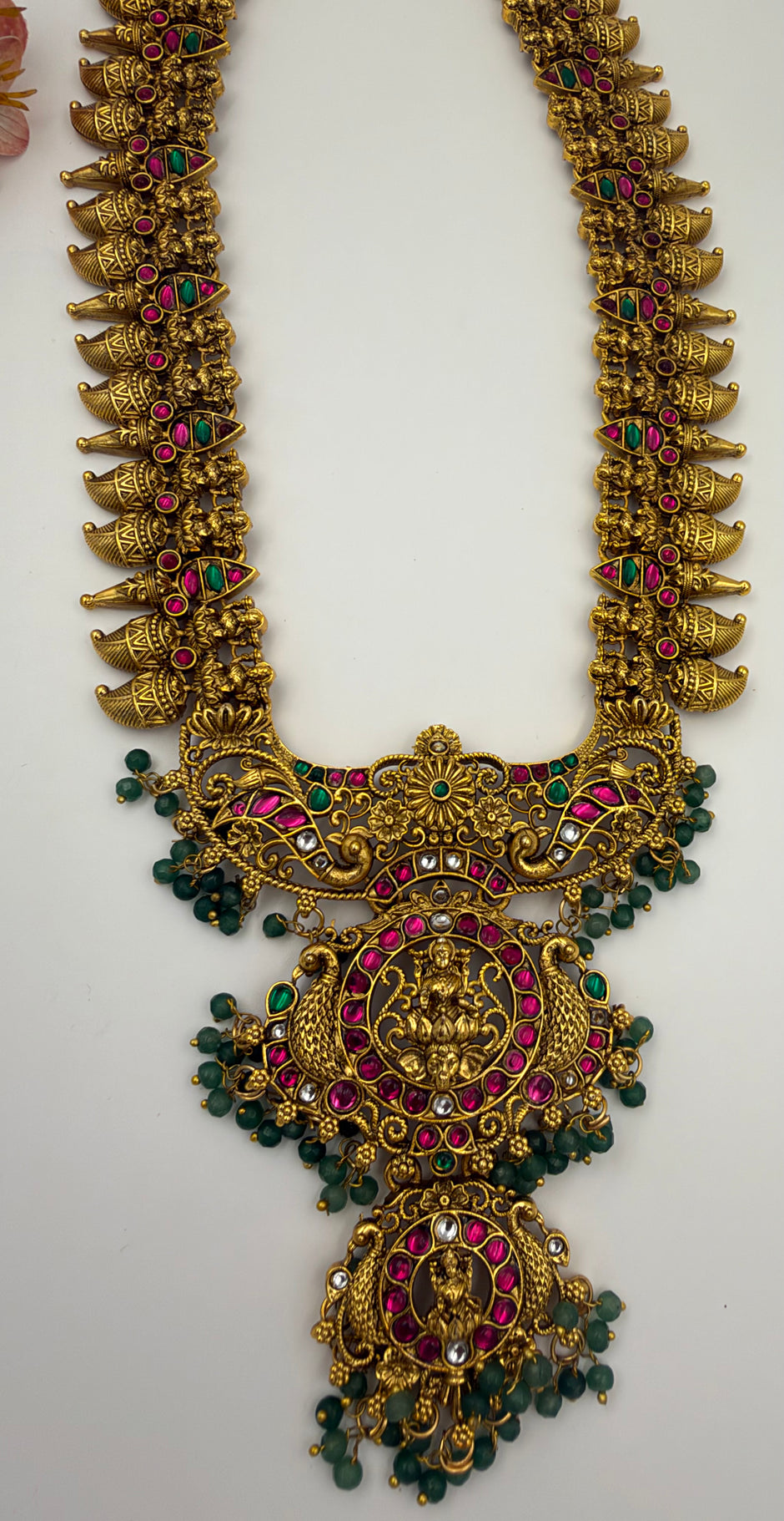Antique Gold Lakshmi Temple Haram Set with Green Bead Drops