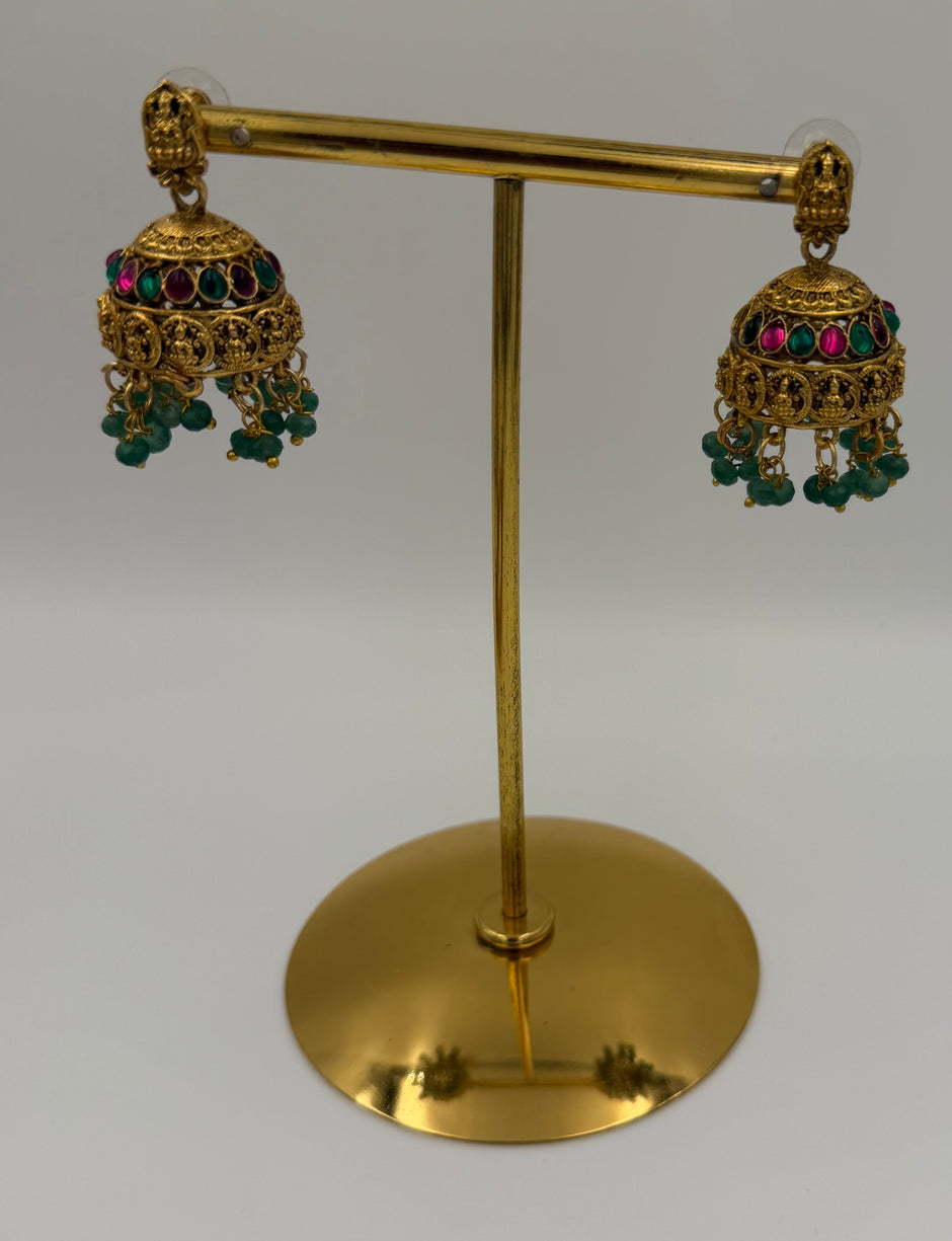 Antique Gold Lakshmi Temple Haram Set with Green Bead Drops