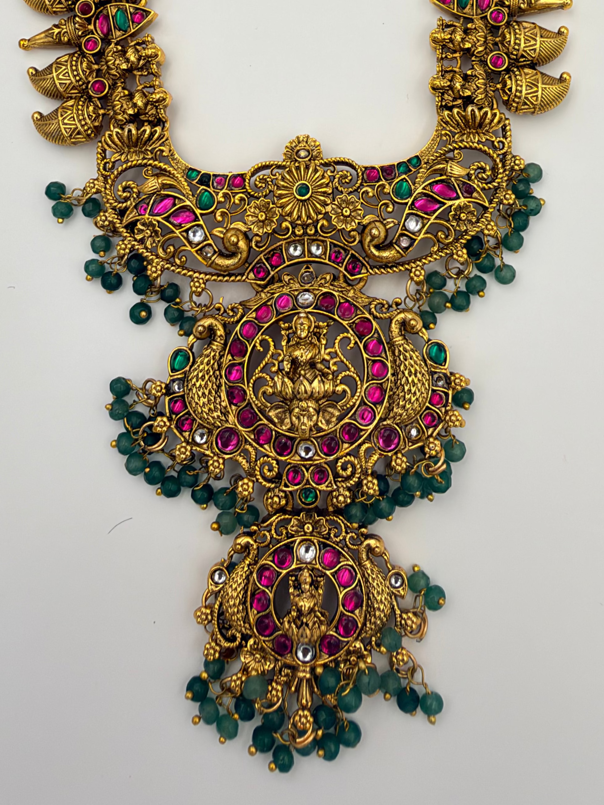 Antique Gold Lakshmi Temple Haram Set with Green Bead Drops